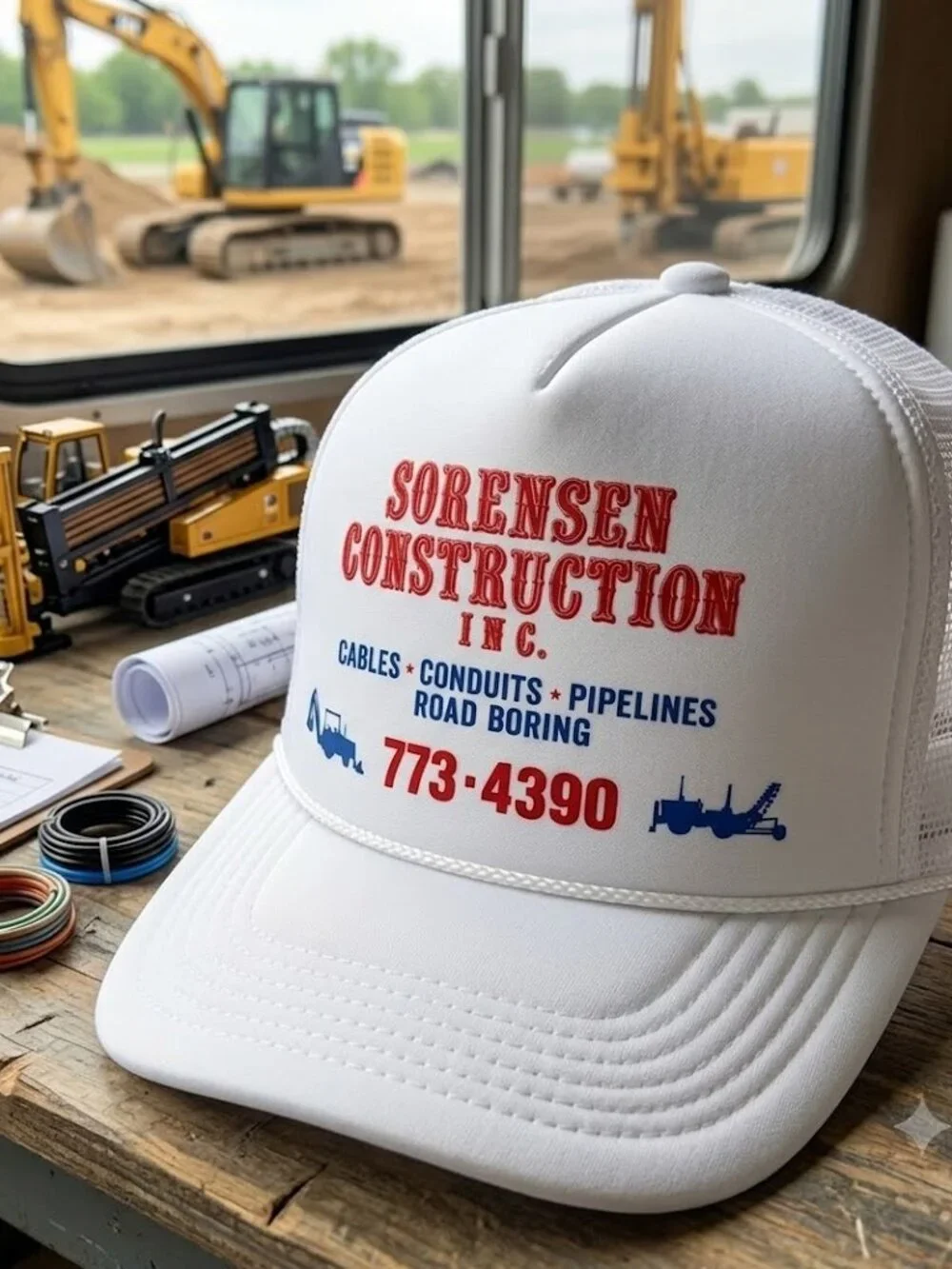Sorensen Construction Printed All White Foam Rope Trucker Hat Snapback New Retro